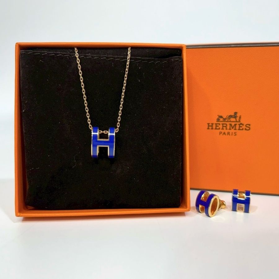 Hermes 深藍鑲金邊H立體耳環-4