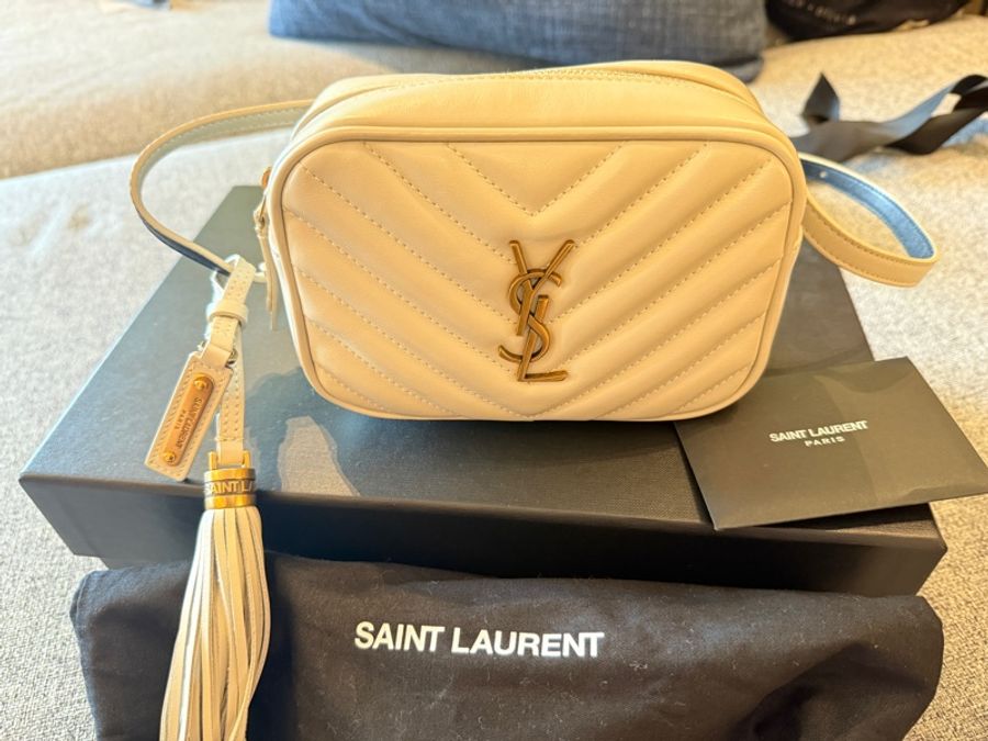 YSL 絕版牛皮皮特金釦流蘇腰包 奶白色 專櫃正品-1
