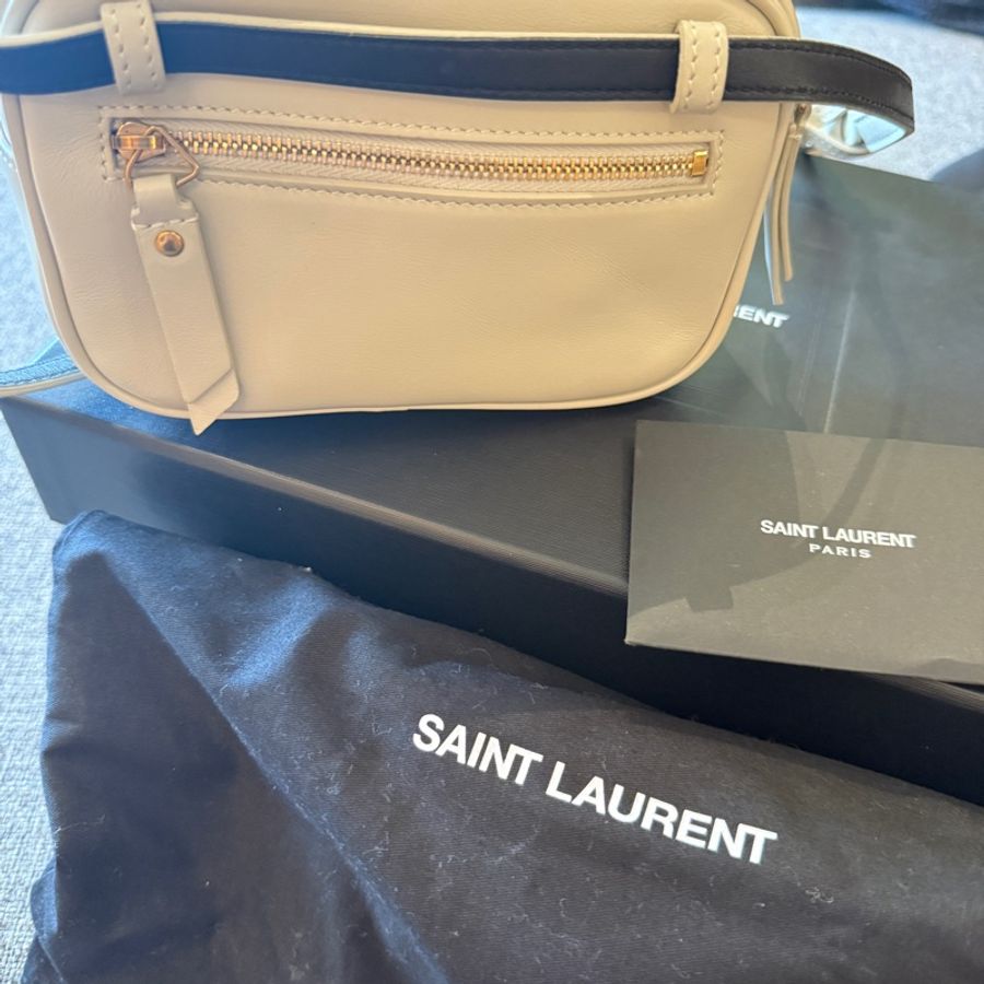 YSL 絕版牛皮皮特金釦流蘇腰包 奶白色 專櫃正品-2