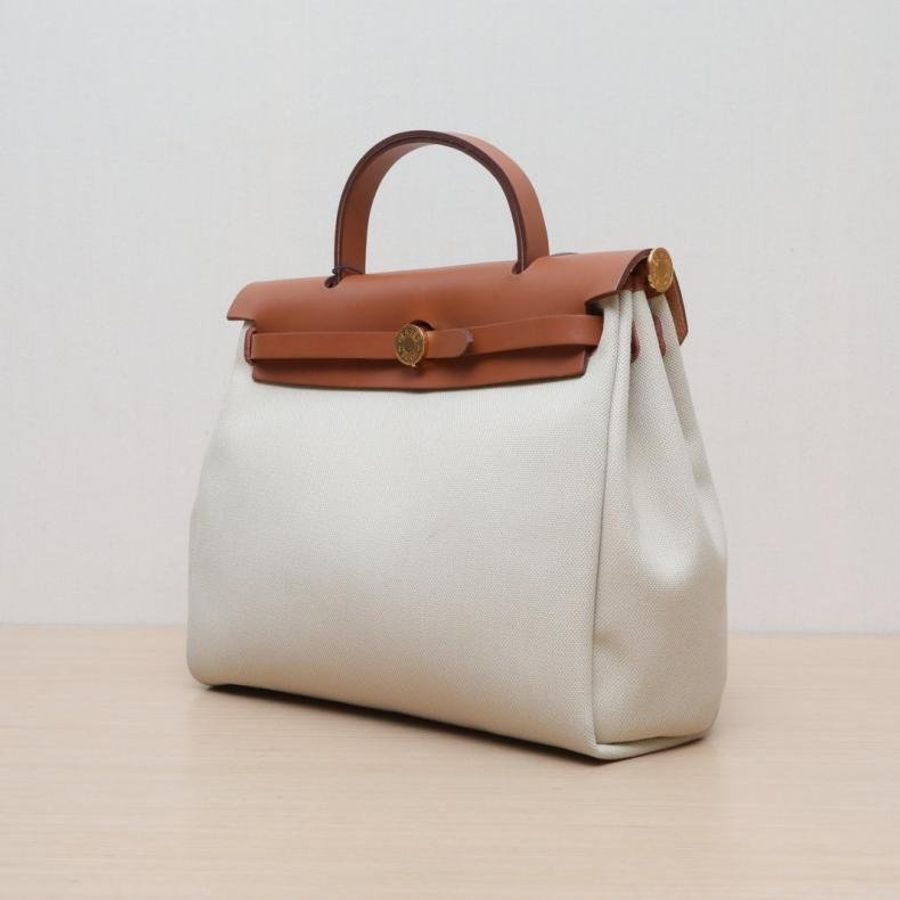 Herbag 31 8L冰河白拼34黃棕色帆布/Hunter皮革B刻金扣-2