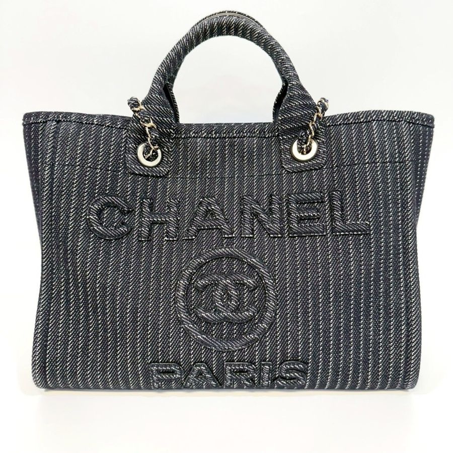 CHANEL深藍色白線帆布淡金鍊沙灘包AS3351-7