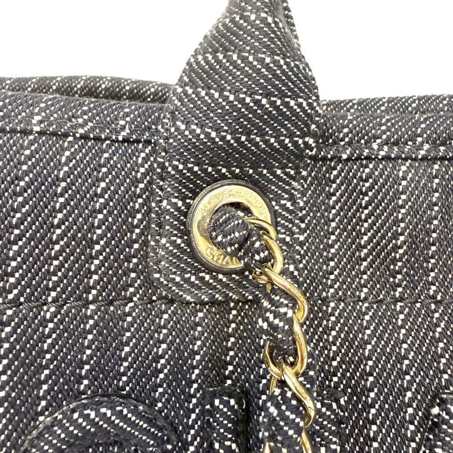 CHANEL深藍色白線帆布淡金鍊沙灘包AS3351-14