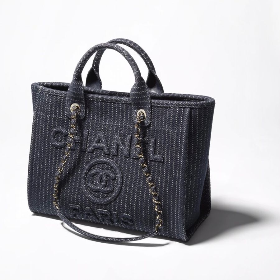 Chanel 香奈兒 深藍色 帆布 Deauville 沙灘包 托特包 手提包 肩背包 淡金鍊 AS3351-1