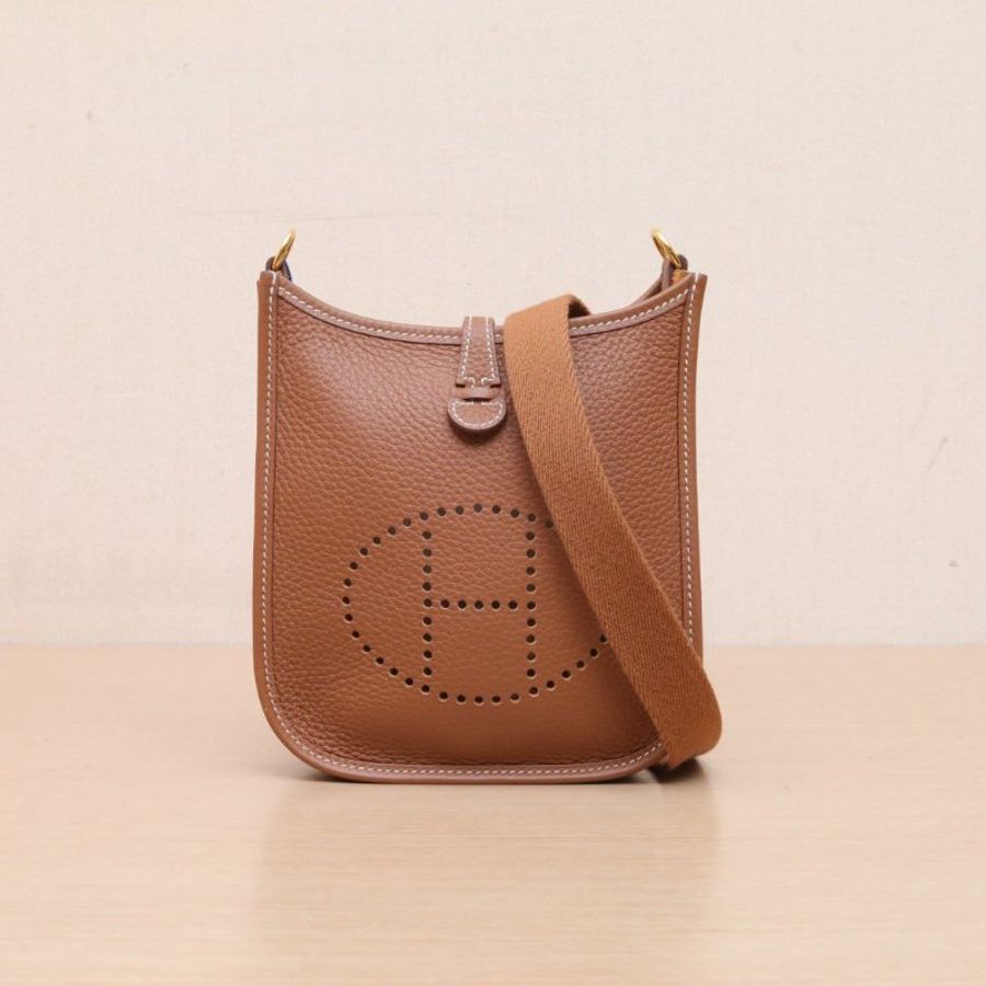 HERMES EvelyneMini1637金棕色TC皮W刻金扣肩背包-1