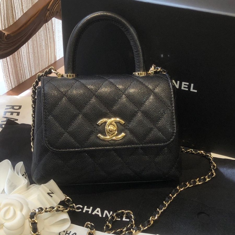 Chanel 香奈儿黑色淡金 coco handle nano手提斜挎包 芯片款-0