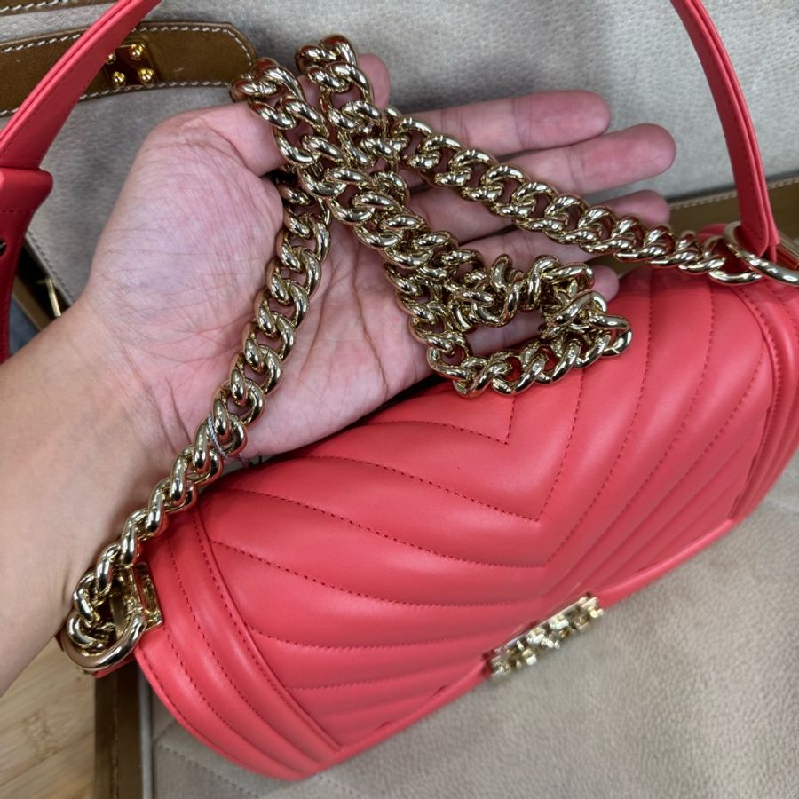 CHANEL 粉紅橘山形BOY25金鏈包🧡🩷包況極新-17