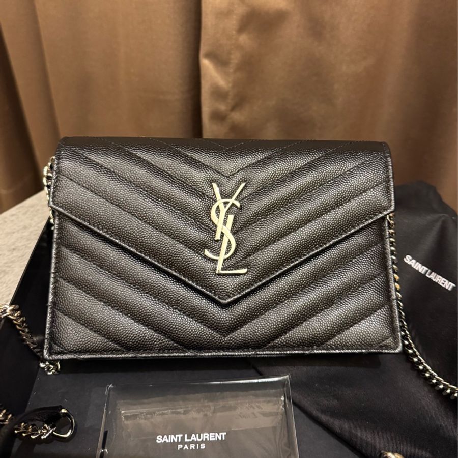 YSL 魚子醬信封式WOC 黑銀 19公分大全配台灣購證-6