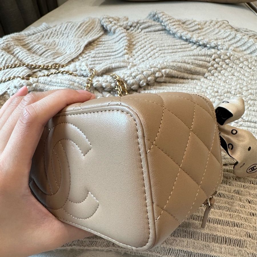 Chanel 長盒子 化妝包 側背包 米色 台灣專櫃購入全配-13