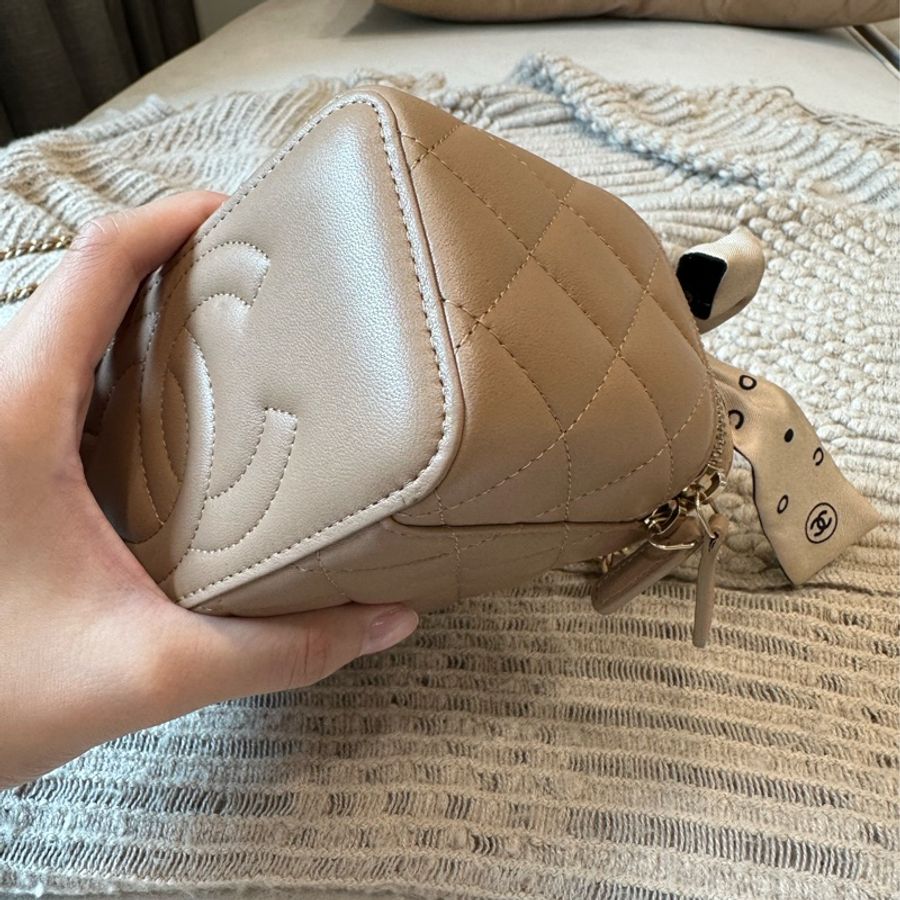 Chanel 長盒子 化妝包 側背包 米色 台灣專櫃購入全配-14