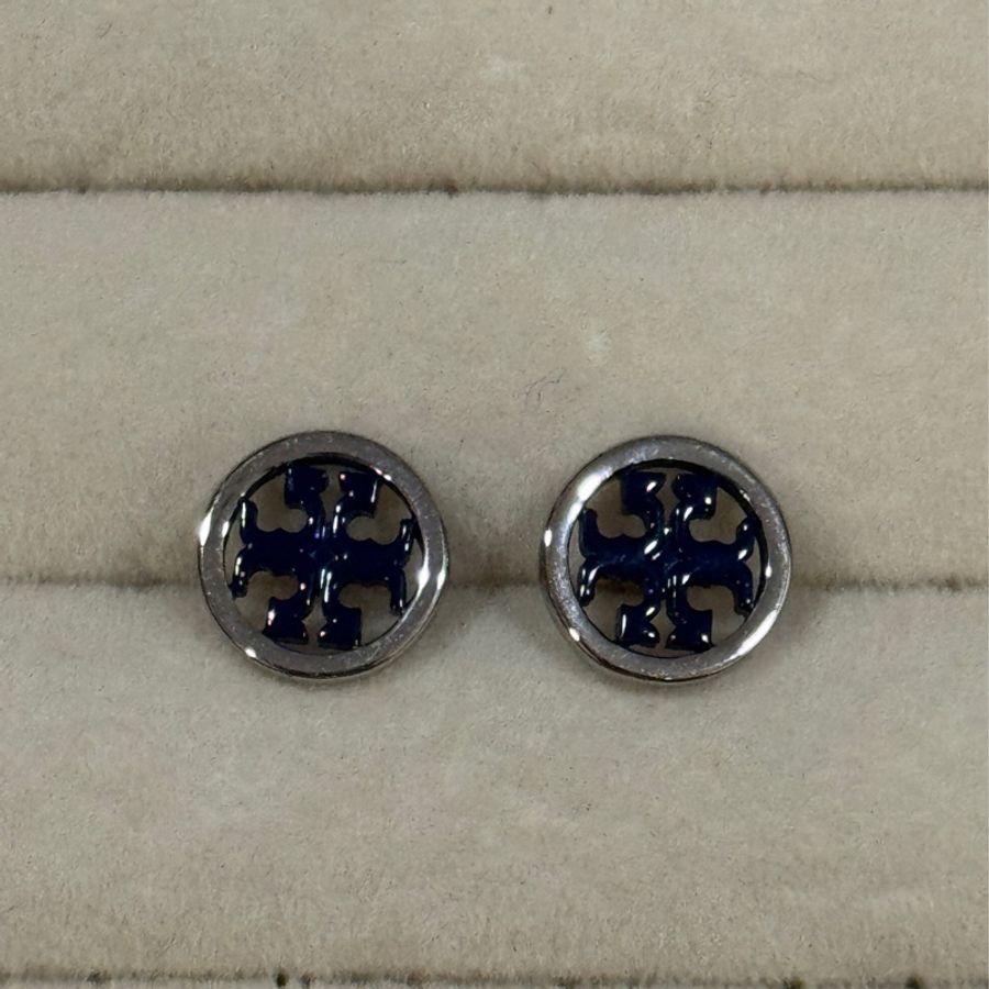 Tory Burch 藍銀 Logo圓形耳環-0