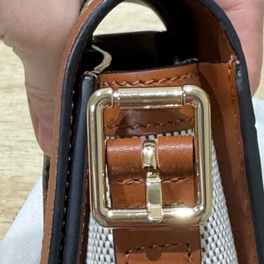 LONGCHAMP BOX-TROT小牛皮帆布拼接金屬LOGO翻蓋斜背包(M/白蘭地酒)-5