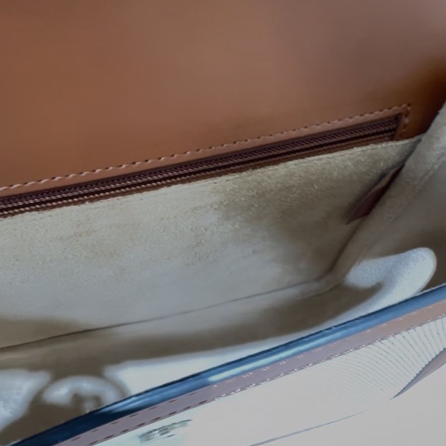 LONGCHAMP BOX-TROT小牛皮帆布拼接金屬LOGO翻蓋斜背包(M/白蘭地酒)-6