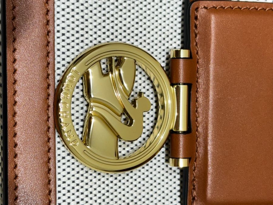 LONGCHAMP BOX-TROT小牛皮帆布拼接金屬LOGO翻蓋斜背包(M/白蘭地酒)-17