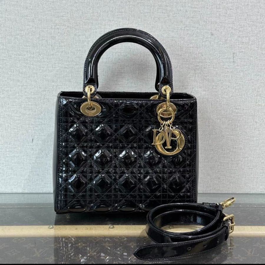 DIOR 黑金漆皮黛妃五格手提斜背包24*21*12 98新配件塵袋-1