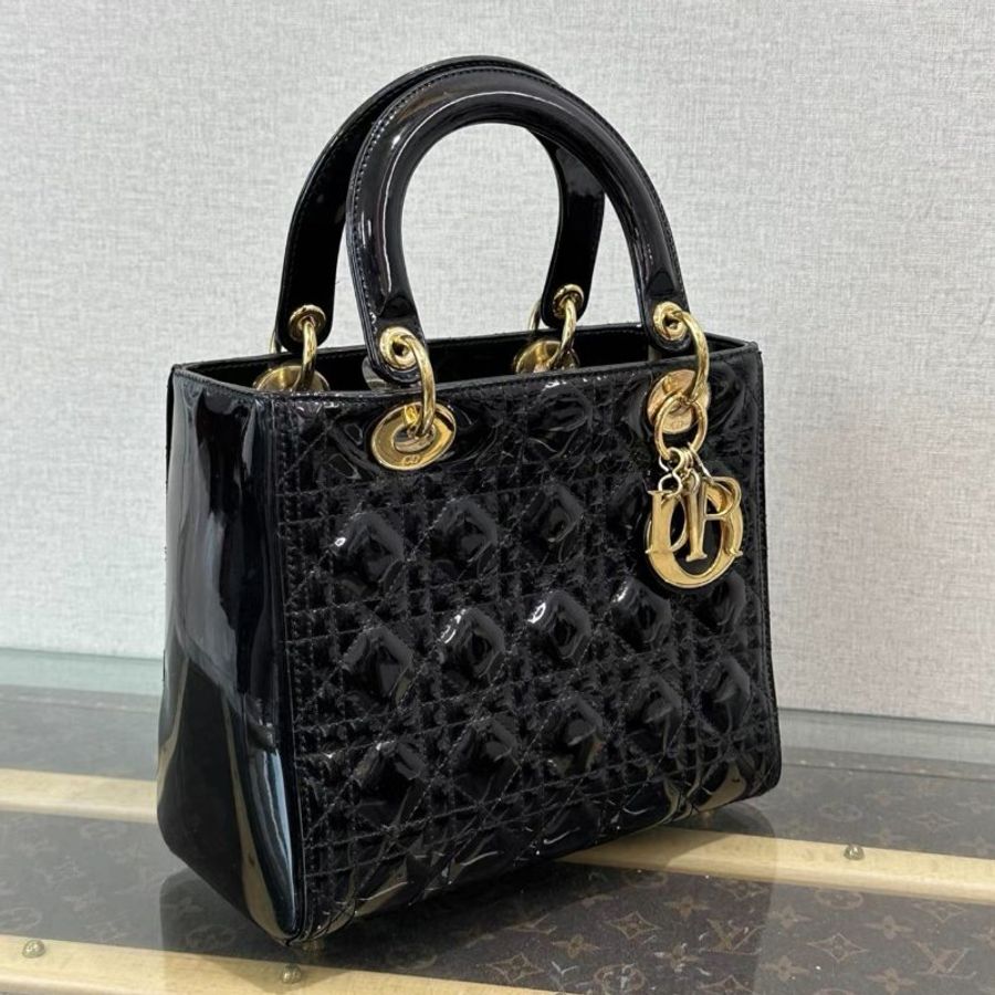 DIOR 黑金漆皮黛妃五格手提斜背包24*21*12 98新配件塵袋-4