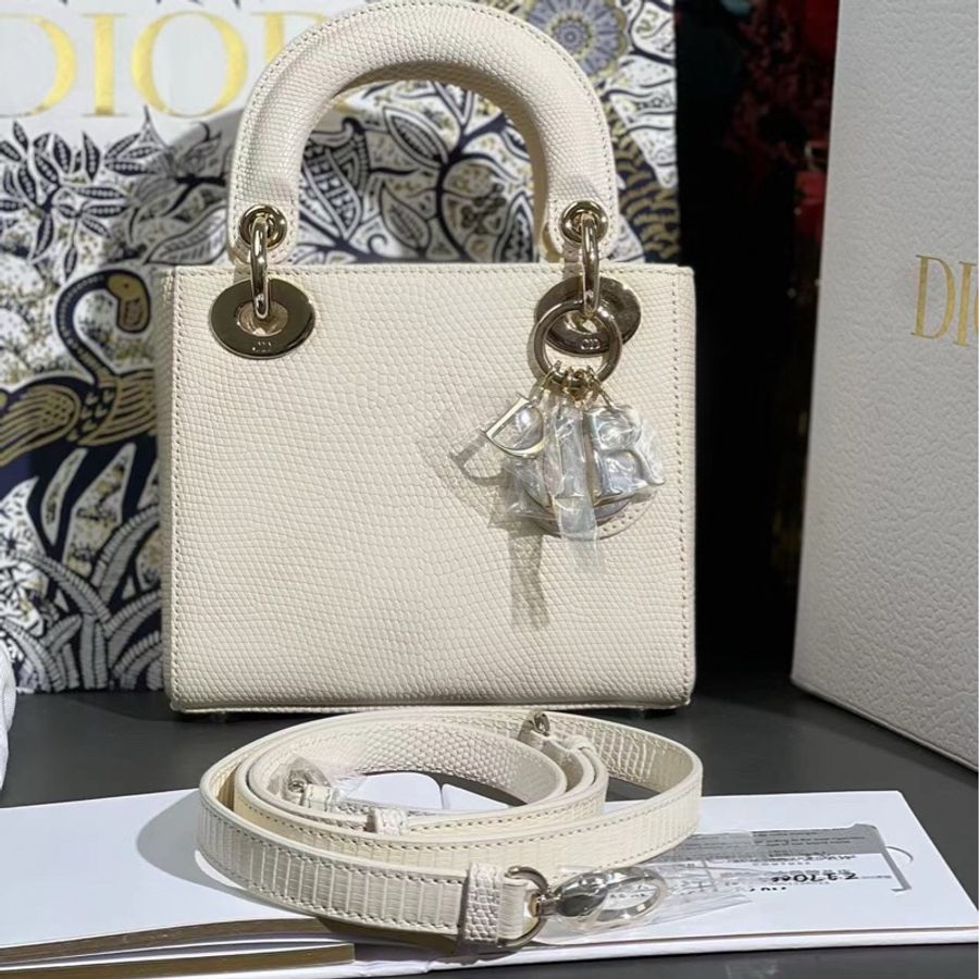 Dior三格白色蜥蜴皮金扣戴妃包,2021年購入-0