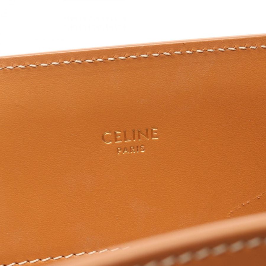 CELINE 小號垂直 Cabas 單肩托特包,帆布皮革,白色/棕色,二手-3
