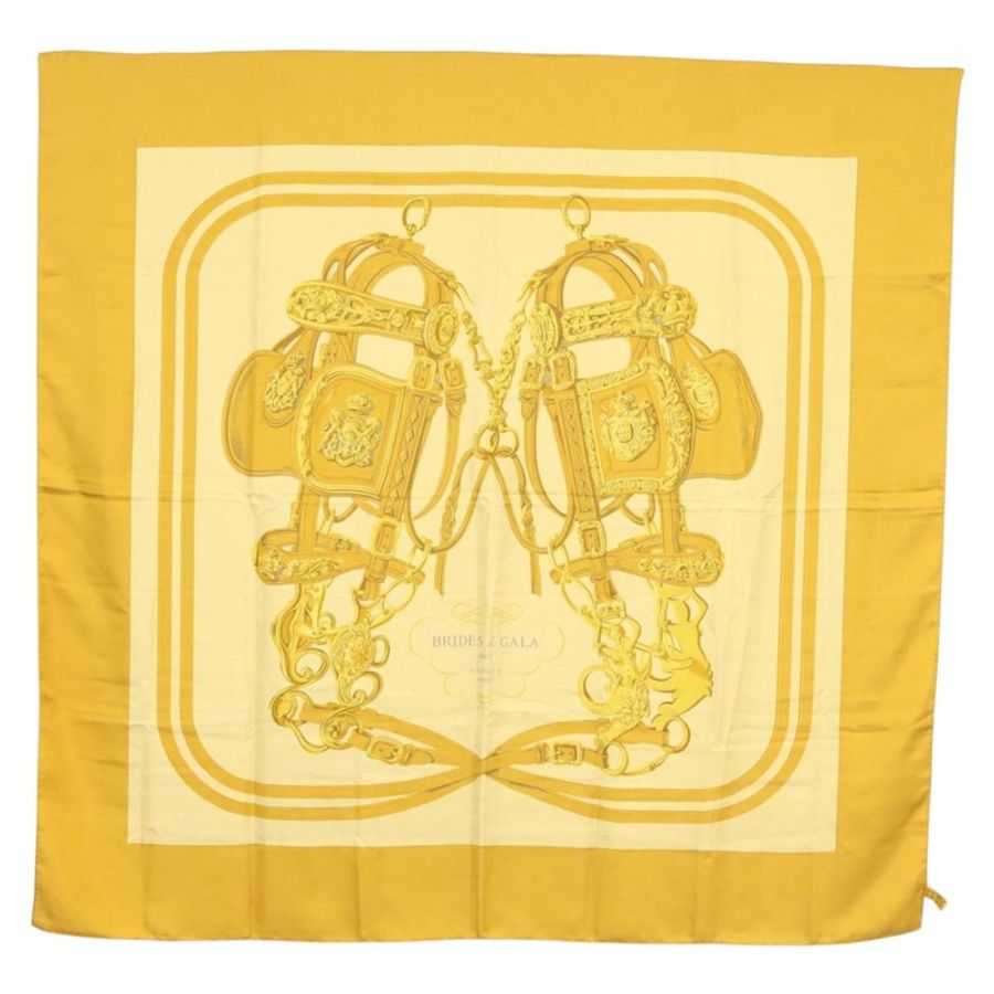 【日本直送】愛馬仕 Carre 140 絲巾 “BRIDES de GALA” 真絲金色 Auth 134922M-0