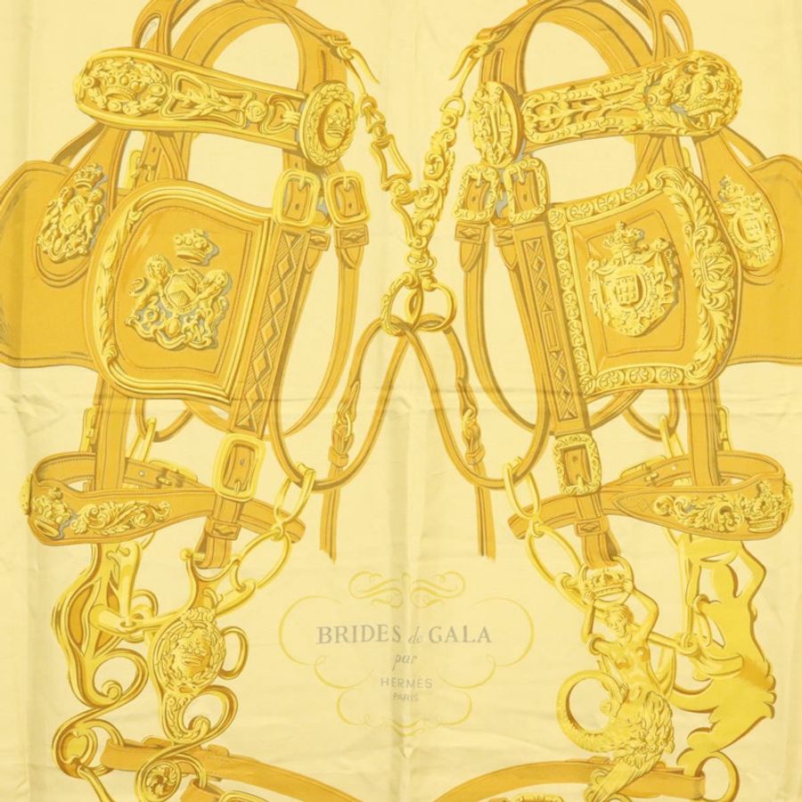 【日本直送】愛馬仕 Carre 140 絲巾 “BRIDES de GALA” 真絲金色 Auth 134922M-5