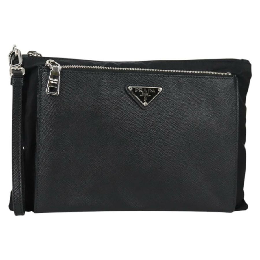 【日本直送】PRADA 手拿包 Saffiano 尼龍 黑色 銀色 Auth am9108V-0