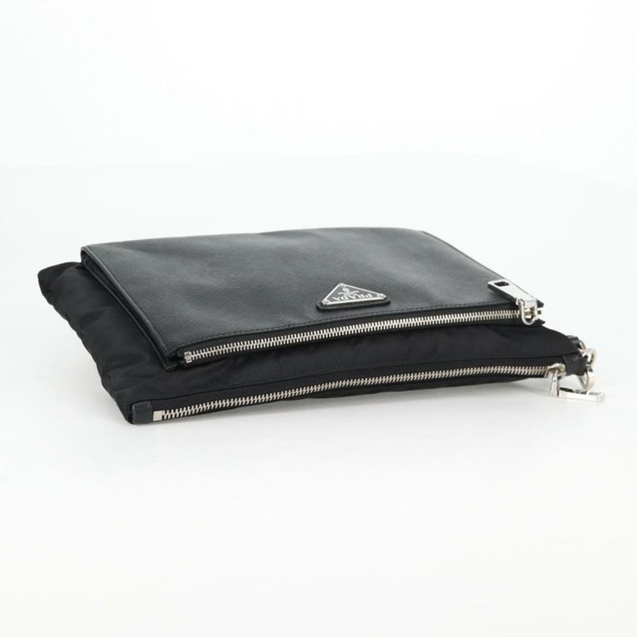【日本直送】PRADA 手拿包 Saffiano 尼龍 黑色 銀色 Auth am9108V-4