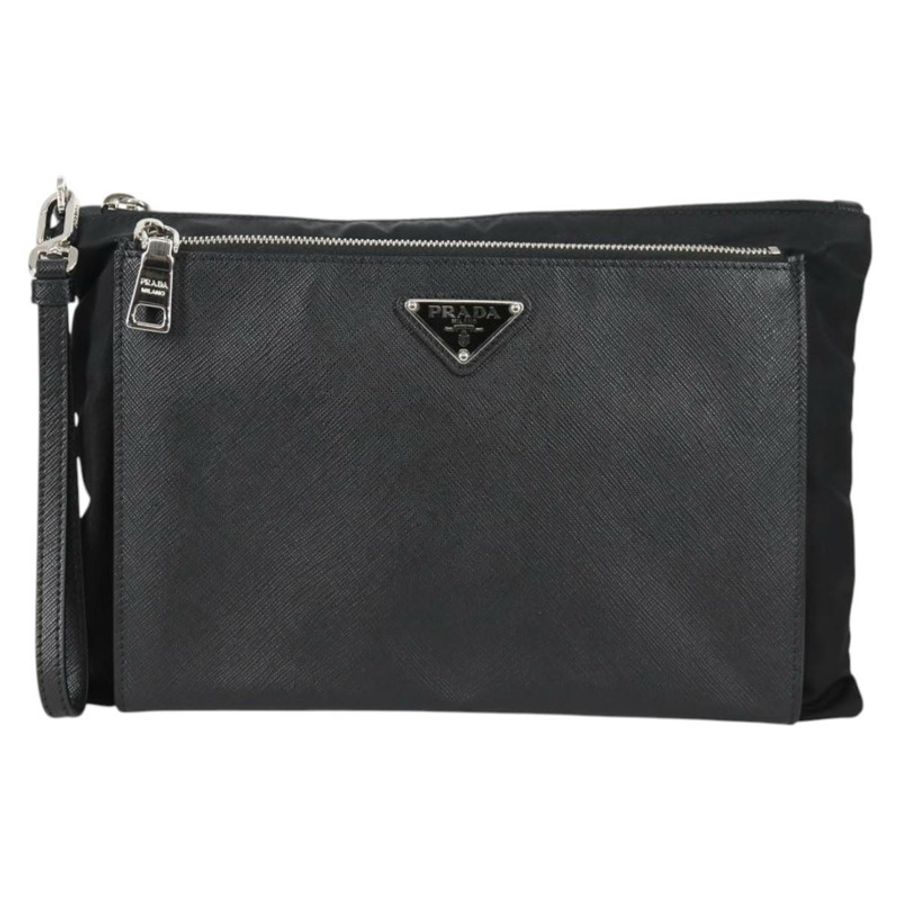 【日本直送】PRADA 手拿包 Saffiano 尼龍 黑色 銀色 Auth am9108V-12