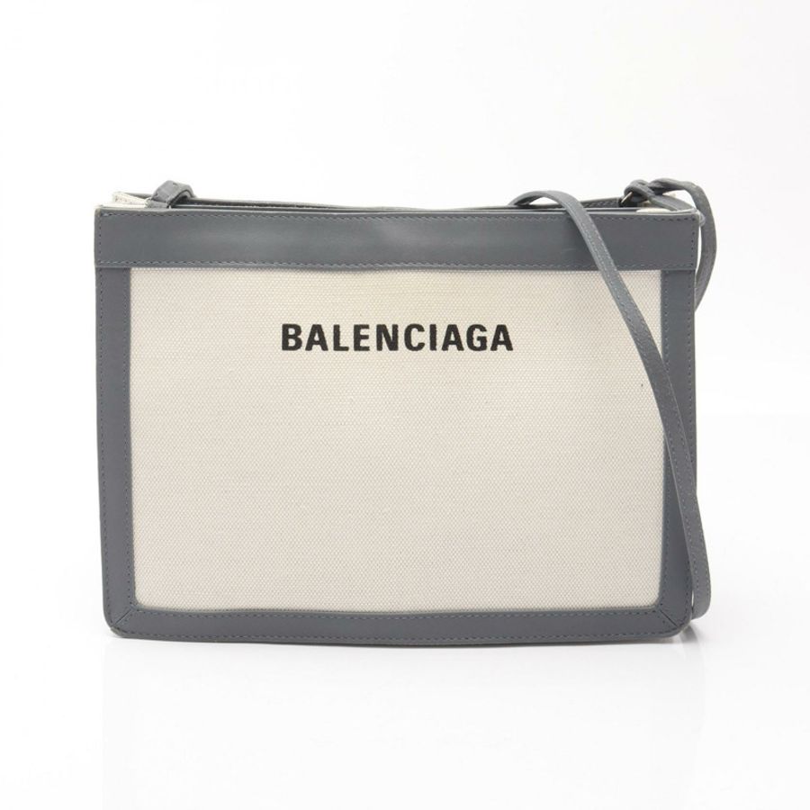 BALENCIAGA 海軍藍 Pochette 單肩包 339937 帆布皮革 米色 灰色 二手-0