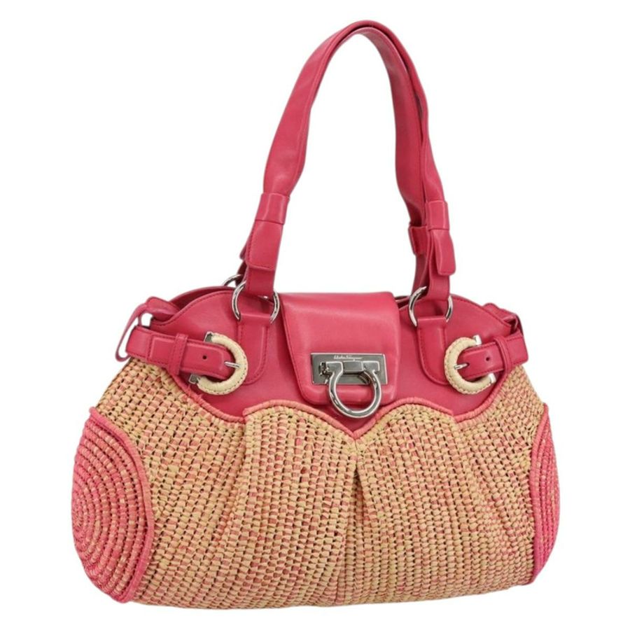 【日本直送】Salvatore Ferragamo Gancini 單肩包 拉菲草粉紅銀色 正品 143084-0