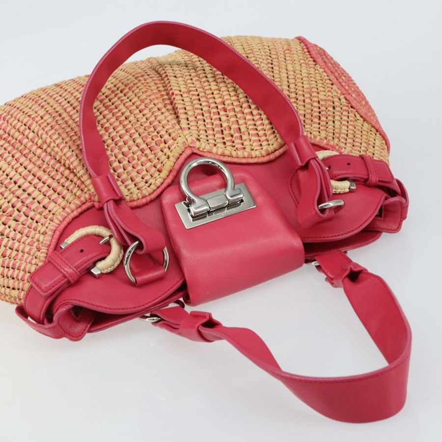 【日本直送】Salvatore Ferragamo Gancini 單肩包 拉菲草粉紅銀色 正品 143084-5