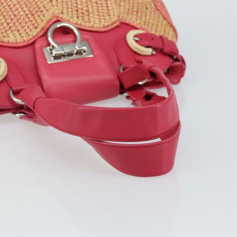 【日本直送】Salvatore Ferragamo Gancini 單肩包 拉菲草粉紅銀色 正品 143084-6