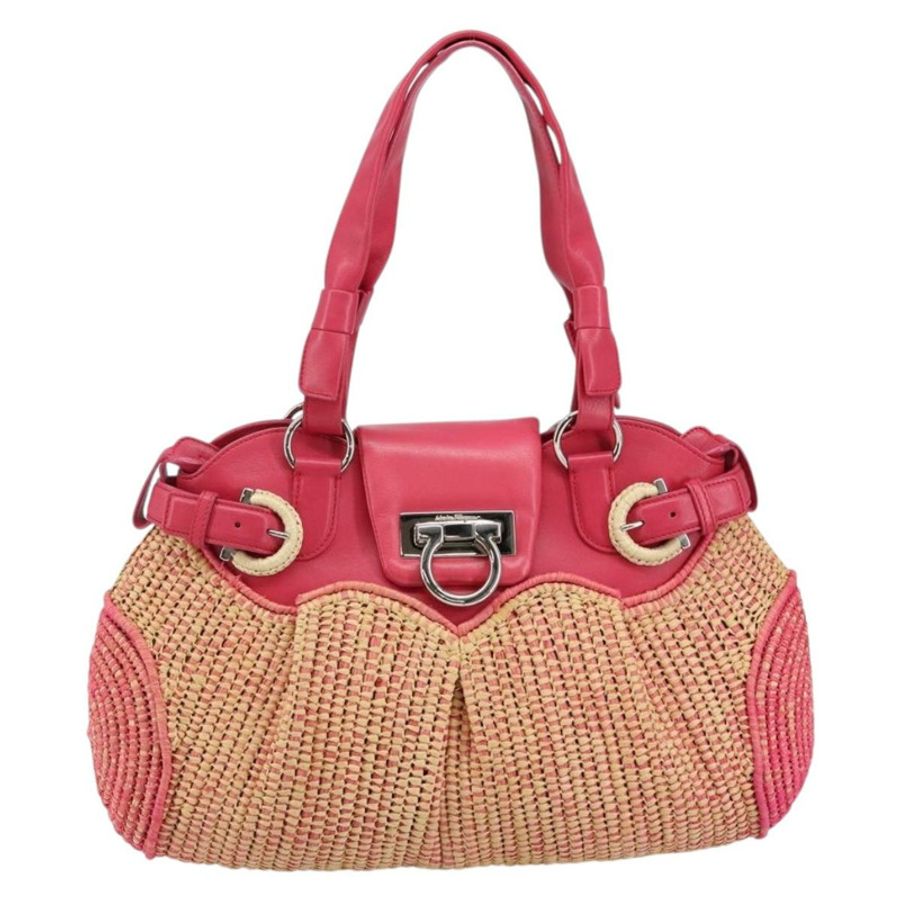 【日本直送】Salvatore Ferragamo Gancini 單肩包 拉菲草粉紅銀色 正品 143084-12