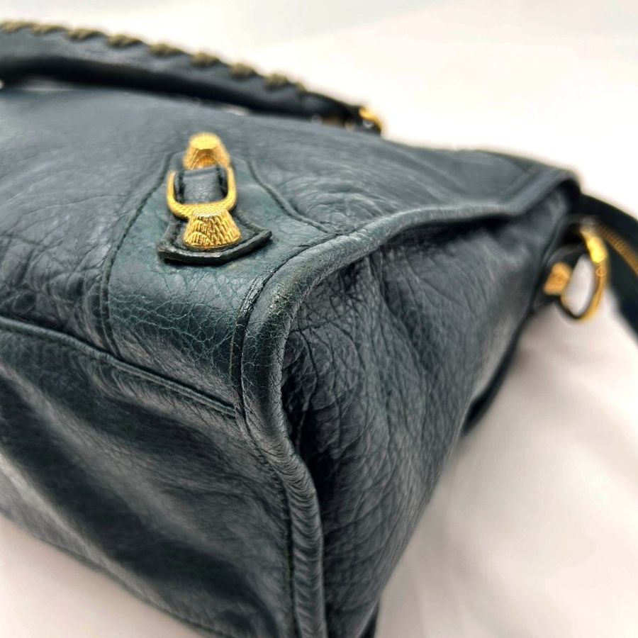 Balenciaga墨綠色金扣提背二用機車包-5