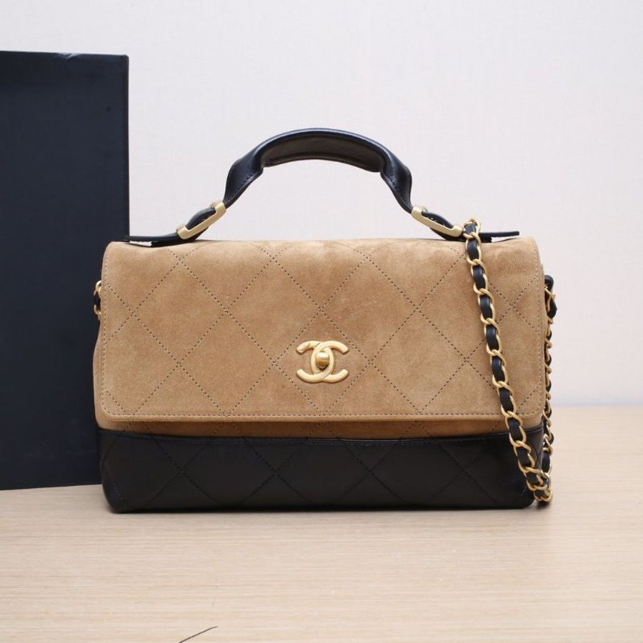 CHANEL 拼色羊皮麂皮晶片開金扣麂皮手提公文大包/肩背包-0