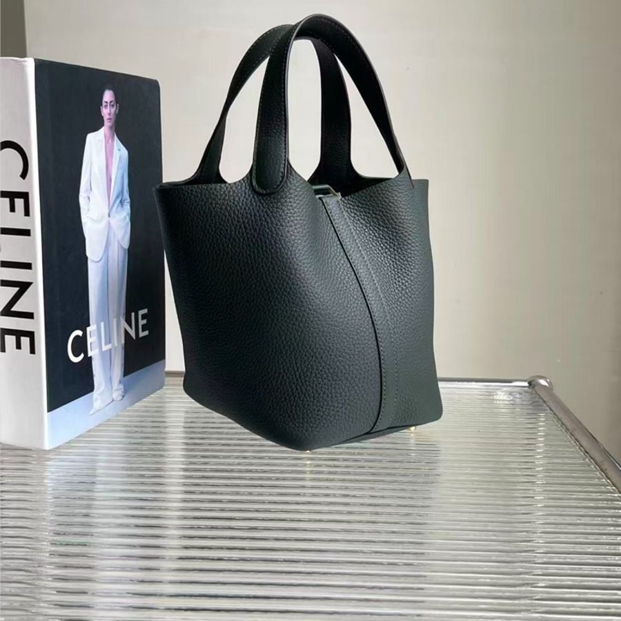 99🆕 W刻 HERMES/爱马仕 祖母绿金扣菜篮子18手提袋 尺寸:18*18*13 ,配件:尘袋 锁 钥匙 好价🉐️-2