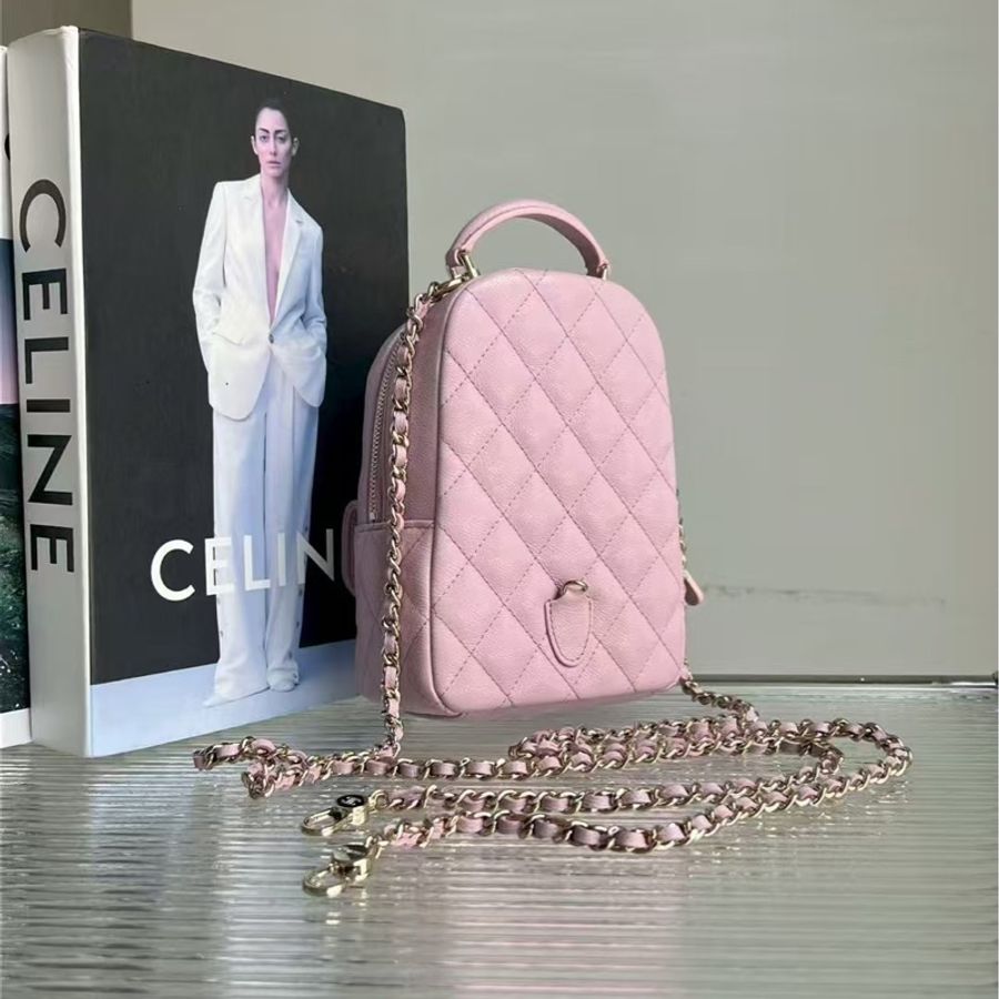 全🆕 Chanel/香奈兒 mini 櫻花粉小書包鏈條雙肩包芯片款,尺寸:14*18*7cm-1