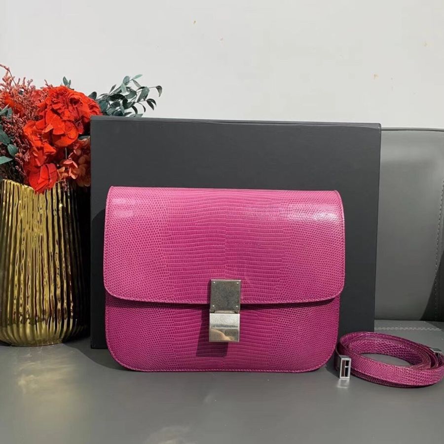 98新Celine box中號覆盆紫色蜥蜴皮銀扣單肩斜挎包-0