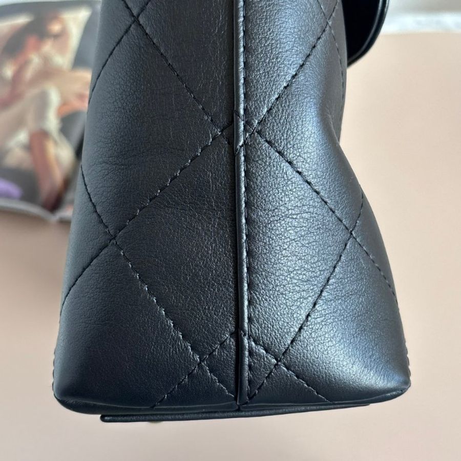 ::CHANEL:: 黑色皮革大款雙C口蓋包手提包 肩背包 鏈包 Maxi flap bag with top handle-16
