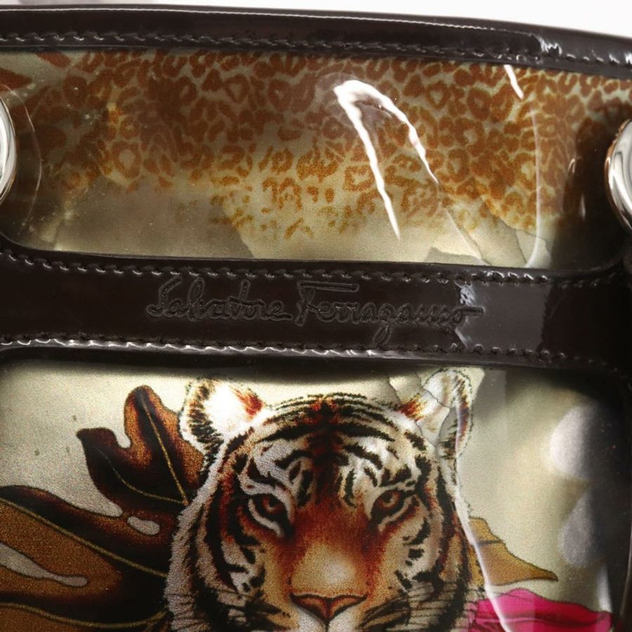 【日本直送】Salvatore Ferragamo 動物紋手提包 棕色乙烯基材質 正品 144645-9