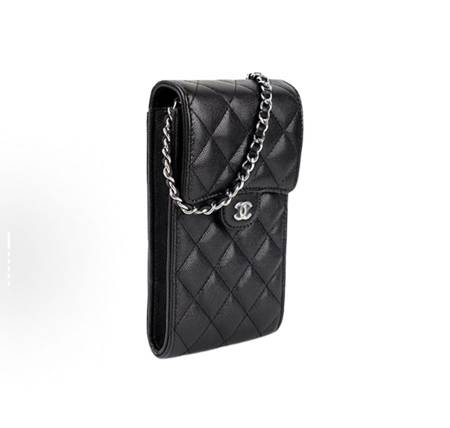 Chanel 黑銀荔枝紋牛皮 手機包 31開。-3
