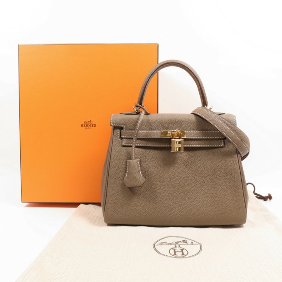 HERMES 【激減優惠】Togo皮革Kelly 25金扣手挽肩背兩用袋Etoupe-2