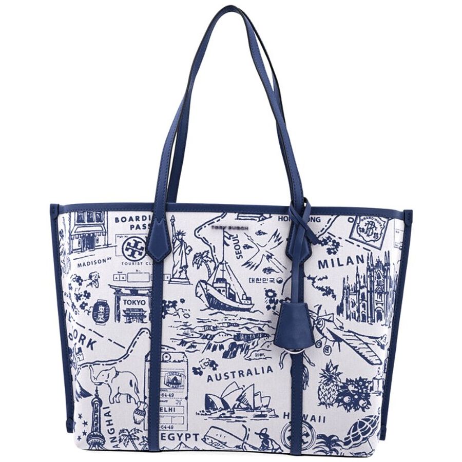 【TORY BURCH】地圖印花帆布托特包-藍白-1
