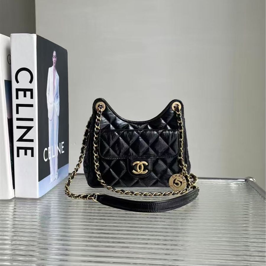 閒置🆕 Chanel/香奈兒天貓精靈黑色油蠟皮金扣 hobo 包,小號尺寸:19*17*6cm-0
