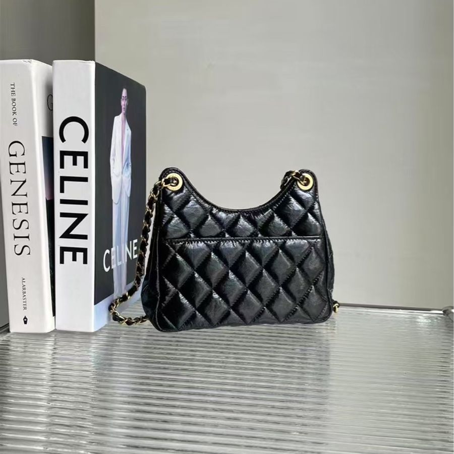 閒置🆕 Chanel/香奈兒天貓精靈黑色油蠟皮金扣 hobo 包,小號尺寸:19*17*6cm-1