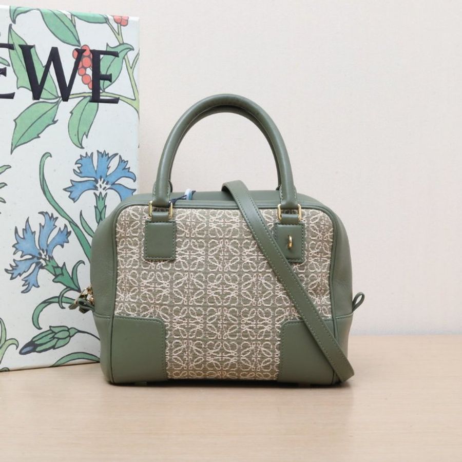 LOEWE Amazona23Bag綠色牛皮/帆布金扣肩背包-0