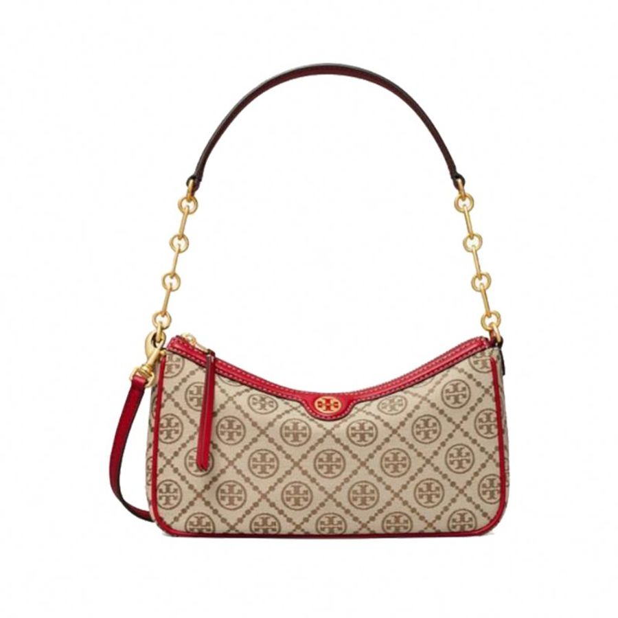 【TORY BURCH】帆布拼接皮革水桶包-卡其紅-3