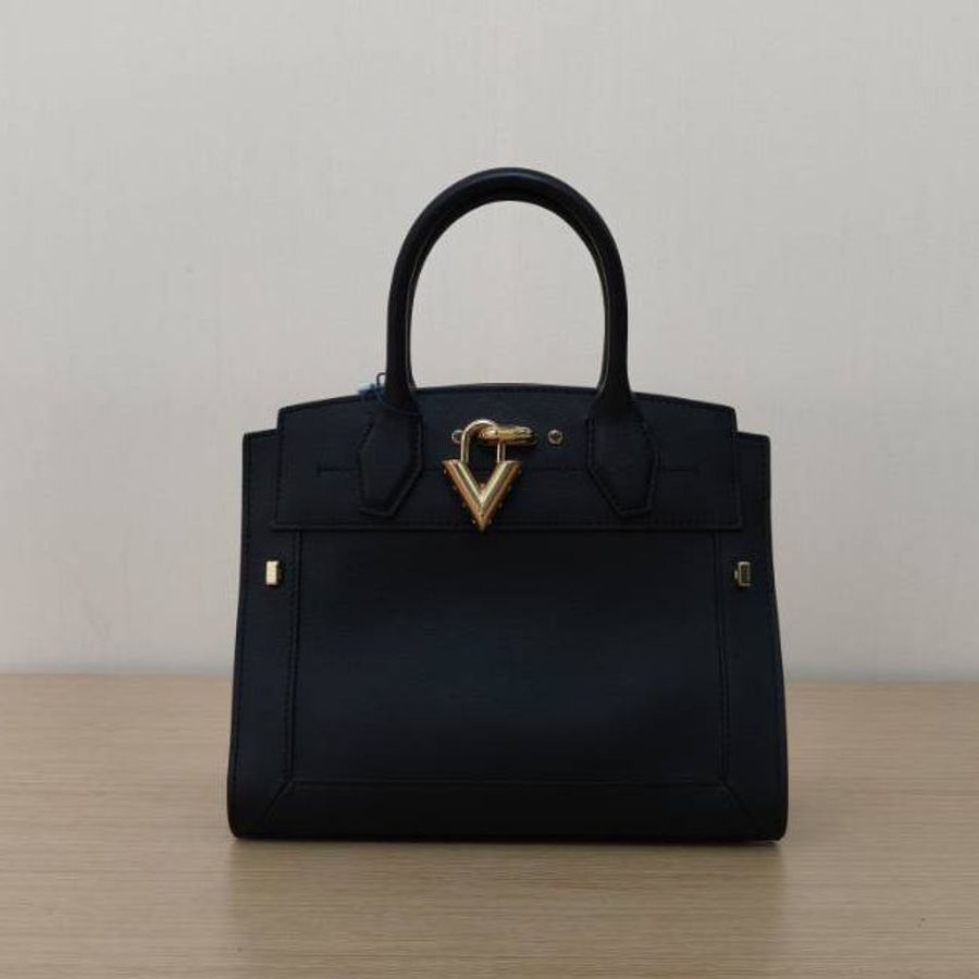 LOUIS VUITTON 黑色牛皮金扣晶片STEAMER小號手袋肩背包-0