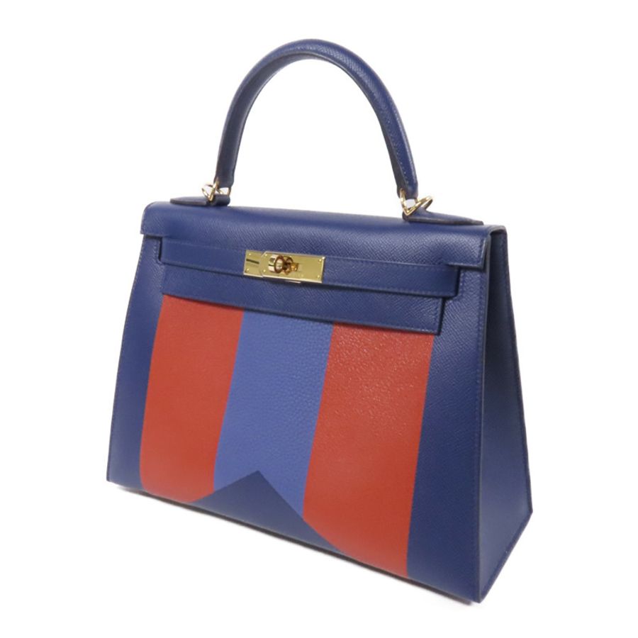 HERMES Epsom/Clemence皮革Kelly 28金扣手挽肩背兩用袋 Bleu Saphir/ Brique-2