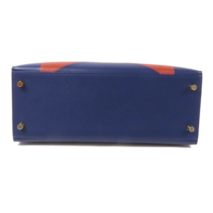 HERMES Epsom/Clemence皮革Kelly 28金扣手挽肩背兩用袋 Bleu Saphir/ Brique-3