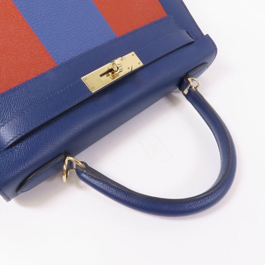 HERMES Epsom/Clemence皮革Kelly 28金扣手挽肩背兩用袋 Bleu Saphir/ Brique-5