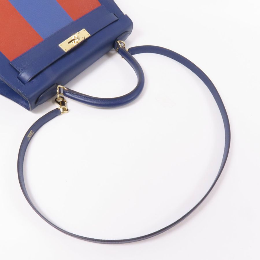 HERMES Epsom/Clemence皮革Kelly 28金扣手挽肩背兩用袋 Bleu Saphir/ Brique-6